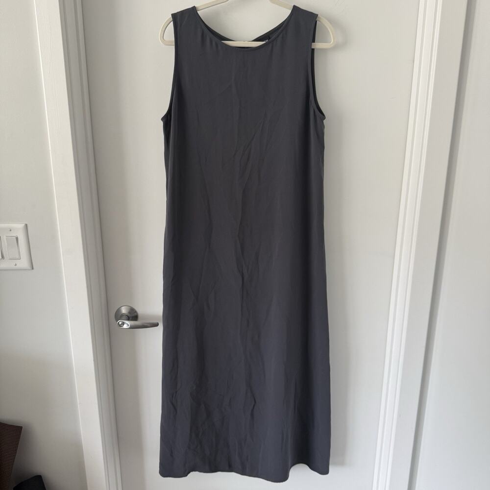 Eileen Fisher Gray 100% Silk Maxi Dress Boat‎ Neck Sleeveless Zip Size L